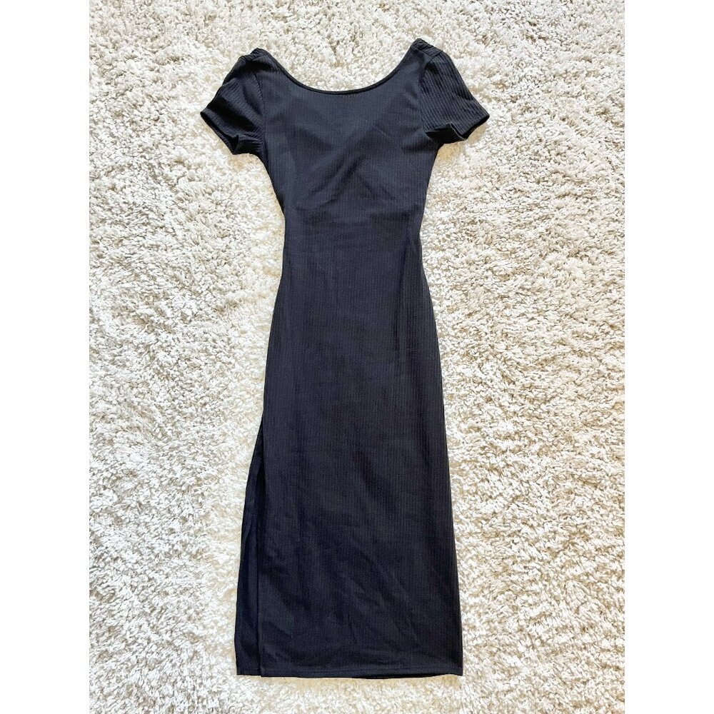 Antistar Soft Stretch Ribbed Black Midi Dress With Back Cutout & Short Sleeves N